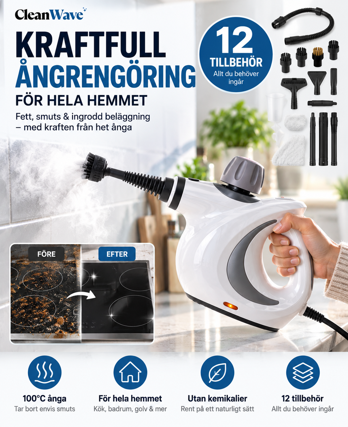 CleanWave™ Ångtvätt – Fläckfritt på minuter, utan skrubb